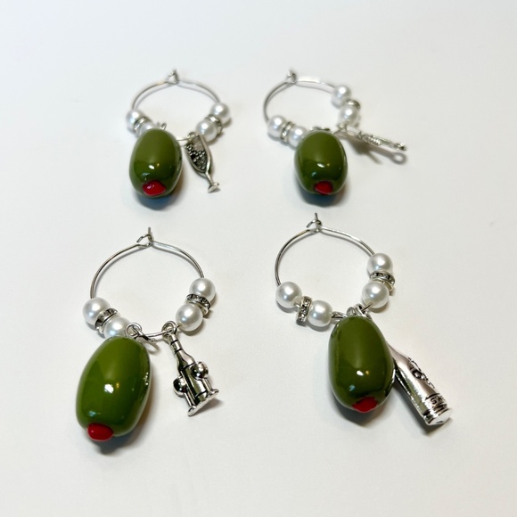 Green Olive Wine Glass Charms – Set of 4 | Martini Party Stemware Markers - Picture 10 of 12